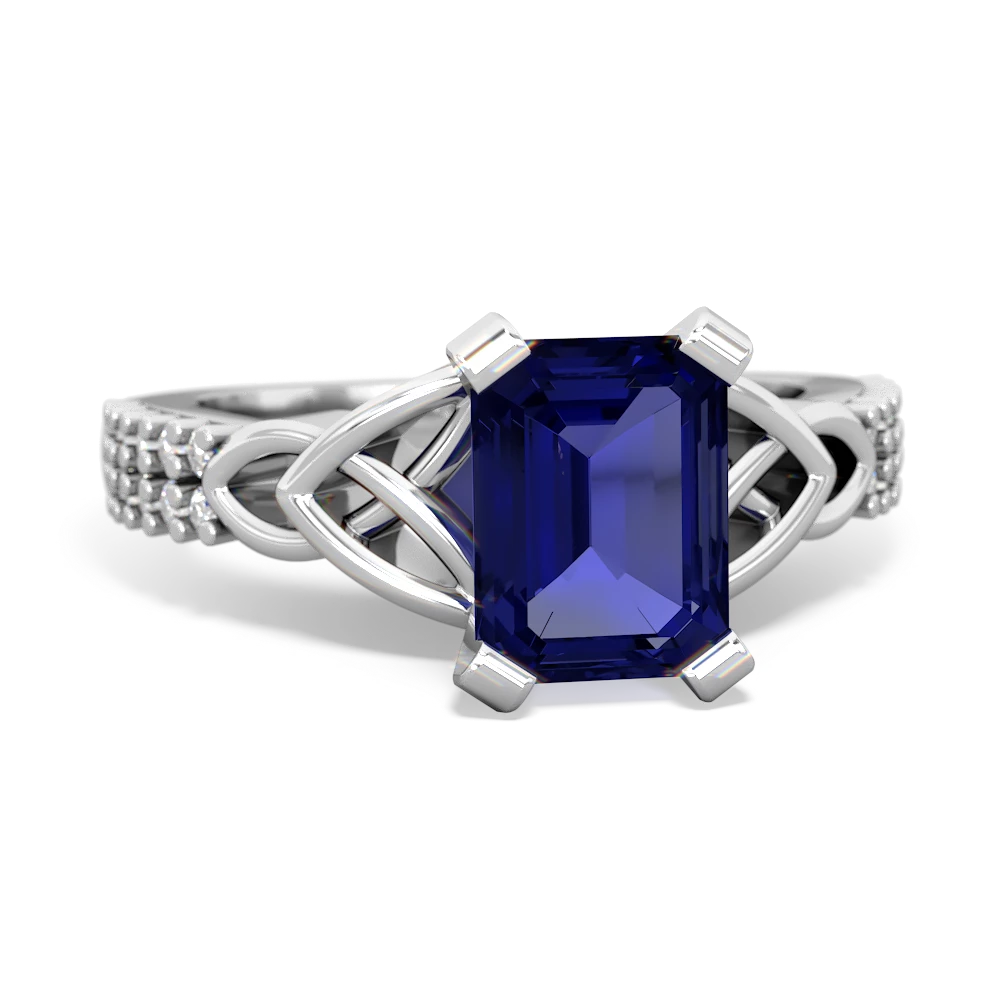 Lab Sapphire Celtic Knot 8X6 Emerald-Cut Engagement 14K White Gold ring R26448EM