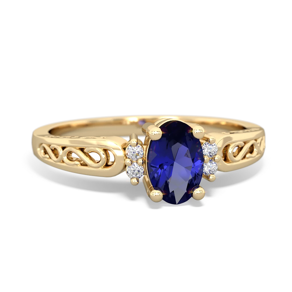 Lab Sapphire Filligree Scroll Oval 14K Yellow Gold ring R0812