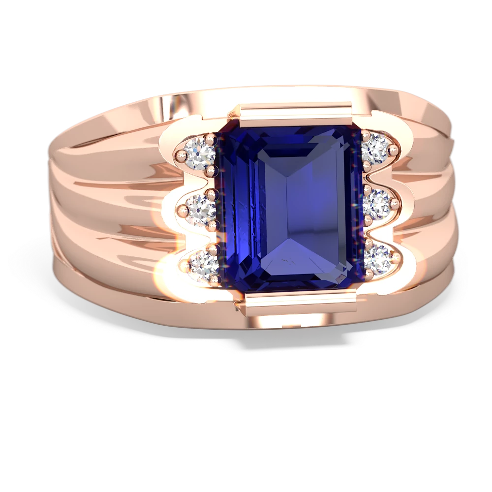 Lab Sapphire Men's 9X7mm Emerald-Cut 14K Rose Gold ring R1835