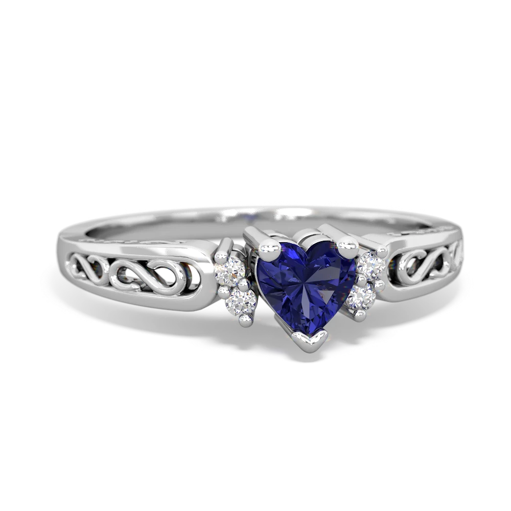Lab Sapphire Filligree Scroll Heart 14K White Gold ring R2429