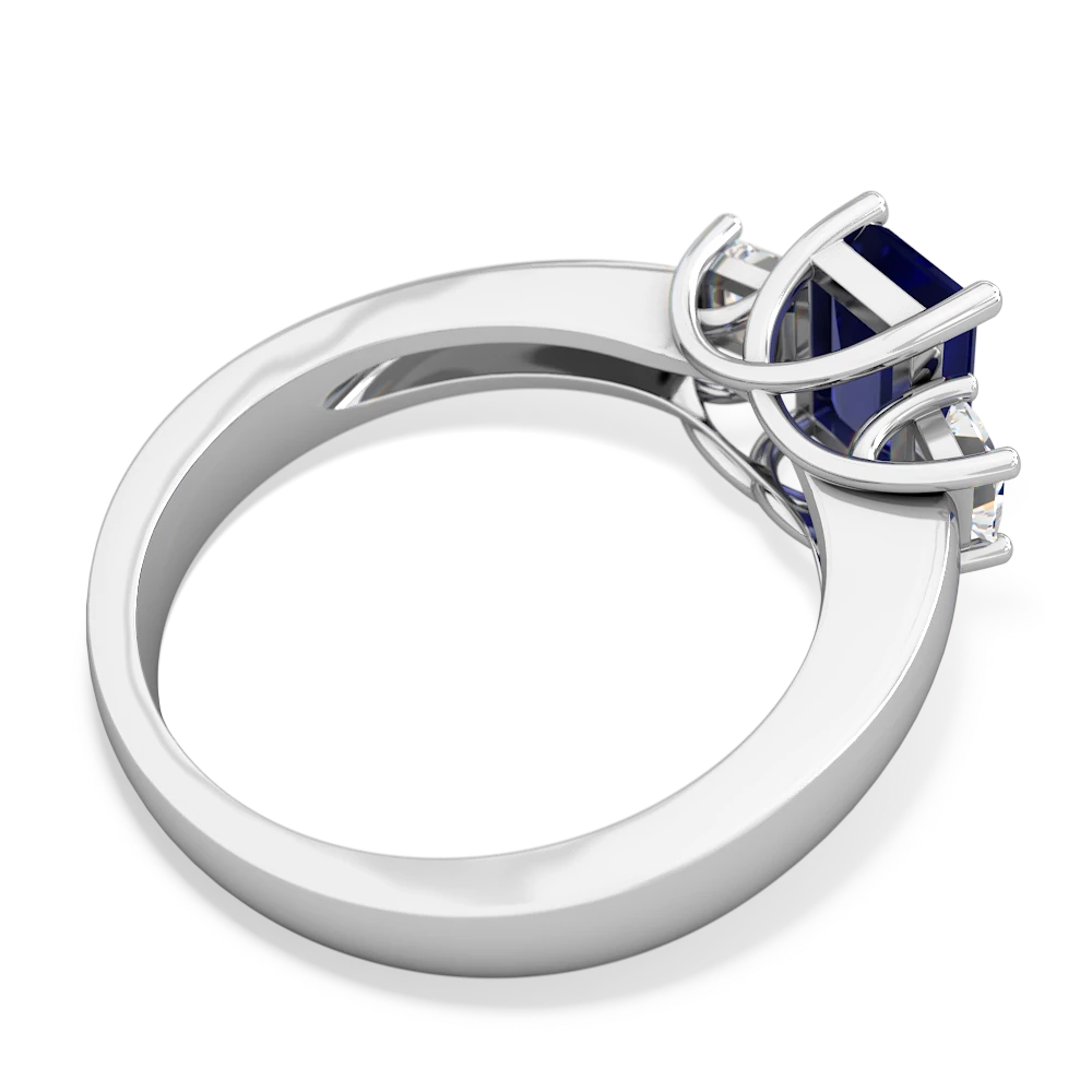 Lab Sapphire Diamond Three Stone Emerald-Cut Trellis 14K White Gold ring R4021