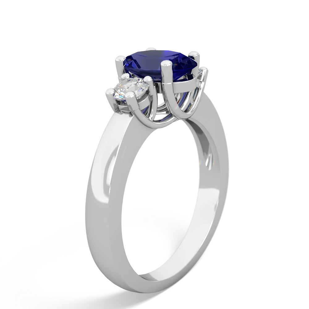 Lab Sapphire Diamond Three Stone Oval Trellis 14K White Gold ring R4024