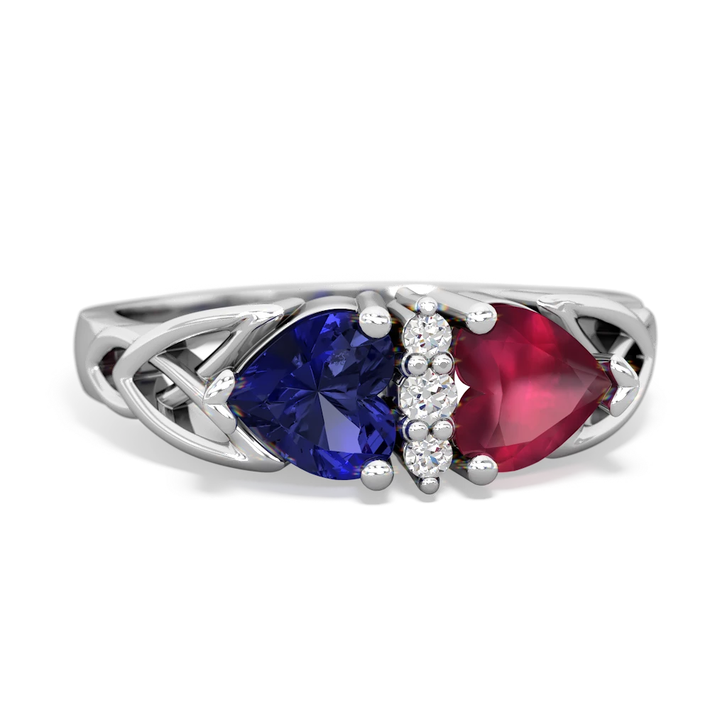 Lab Sapphire Celtic Knot Double Heart 14K White Gold ring R5040