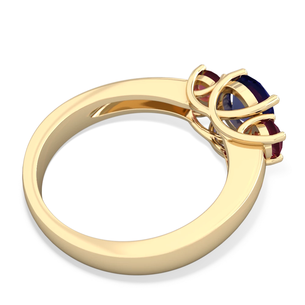 Lab Sapphire Three Stone Round Trellis 14K Yellow Gold ring R4018