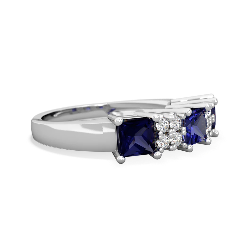 Lab Sapphire Three Stone Diamond Cluster 14K White Gold ring R2592