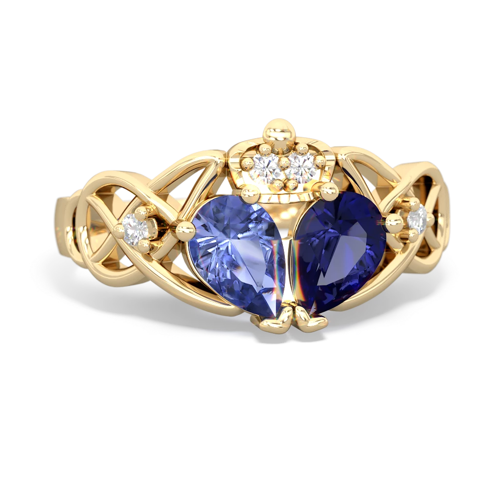 Lab Sapphire 'One Heart' Celtic Knot Claddagh 14K Yellow Gold ring R5322