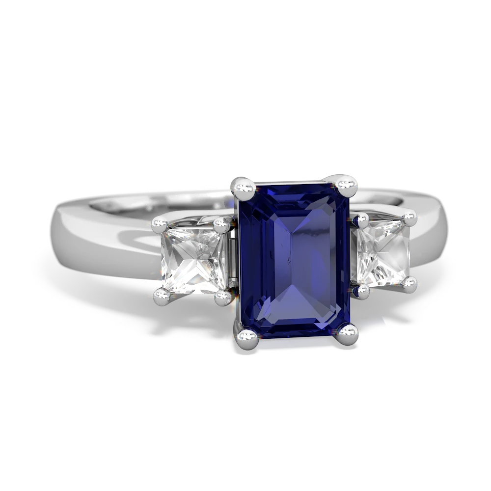 Lab Sapphire Three Stone Emerald-Cut Trellis 14K White Gold ring R4021