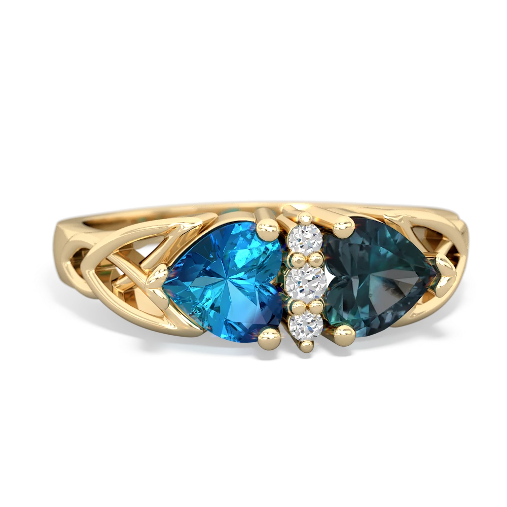 London Topaz Celtic Knot Double Heart 14K Yellow Gold ring R5040