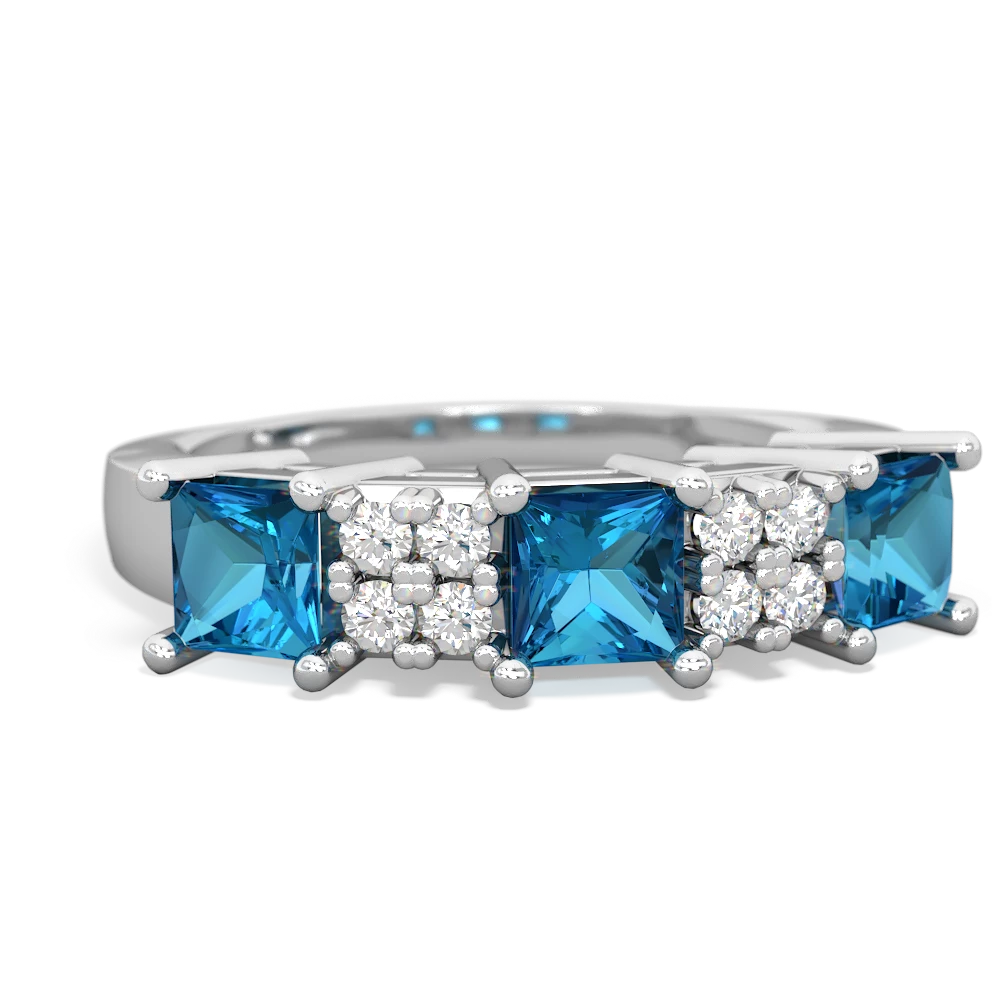 Blue Topaz Three Stone Diamond Cluster 14K White Gold ring R2592