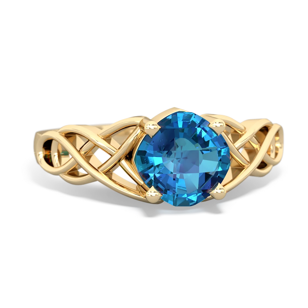 London Topaz Checkerboard Cushion Celtic Knot 14K Yellow Gold ring R5000