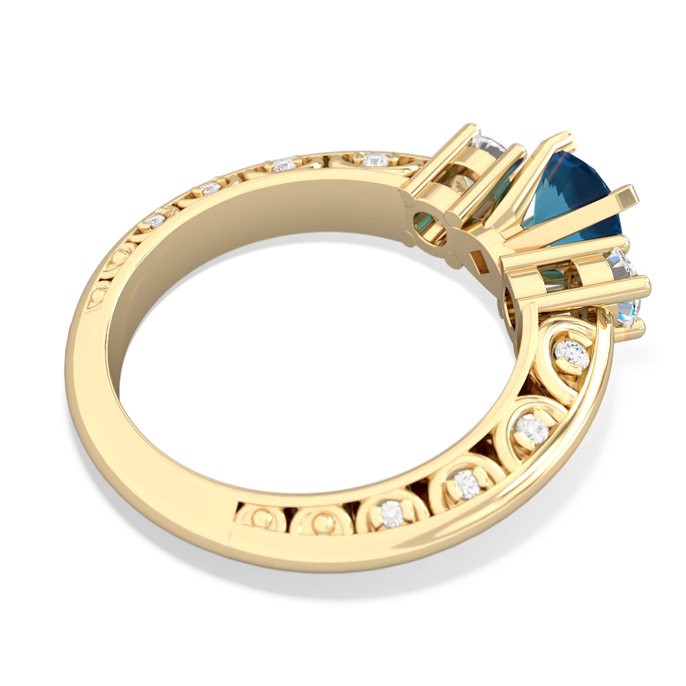London Topaz Art Deco Diamond 6Mm Round Engagment 14K Yellow Gold ring R2003
