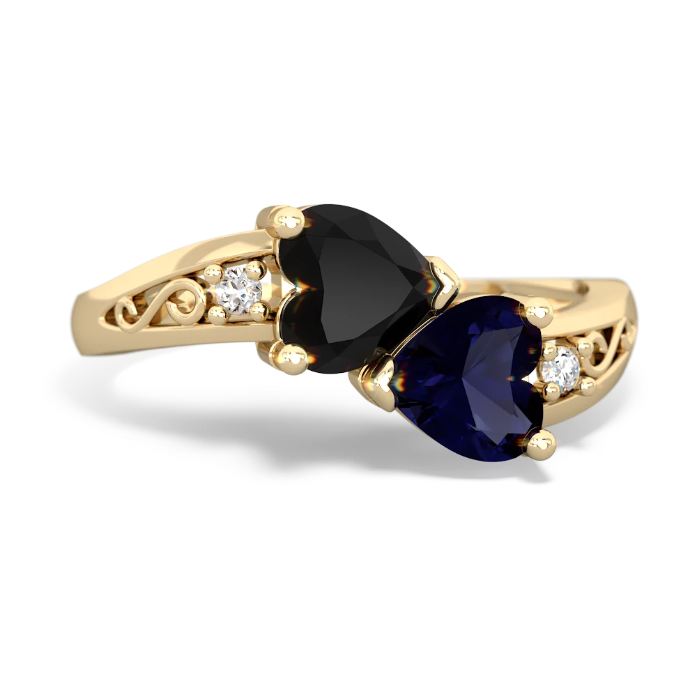 Onyx Snuggling Hearts 14K Yellow Gold ring R2178