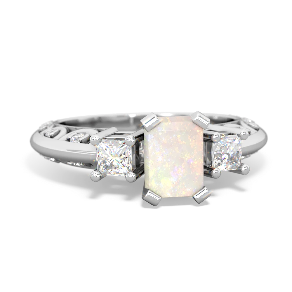 Opal Art Deco Diamond 7X5 Emerald-Cut Engagement 14K White Gold ring R20017EM