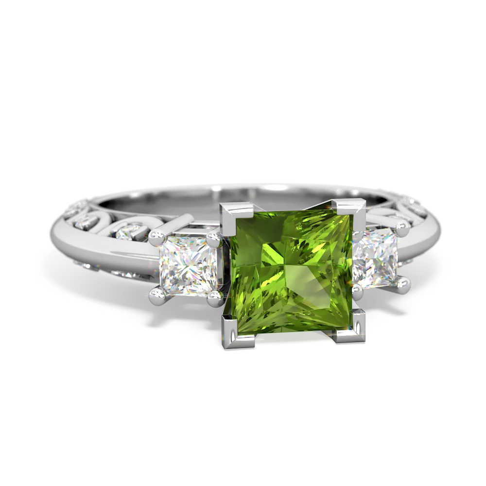 Peridot Art Deco Diamond Engagement 6Mm Princess 14K White Gold ring R2001