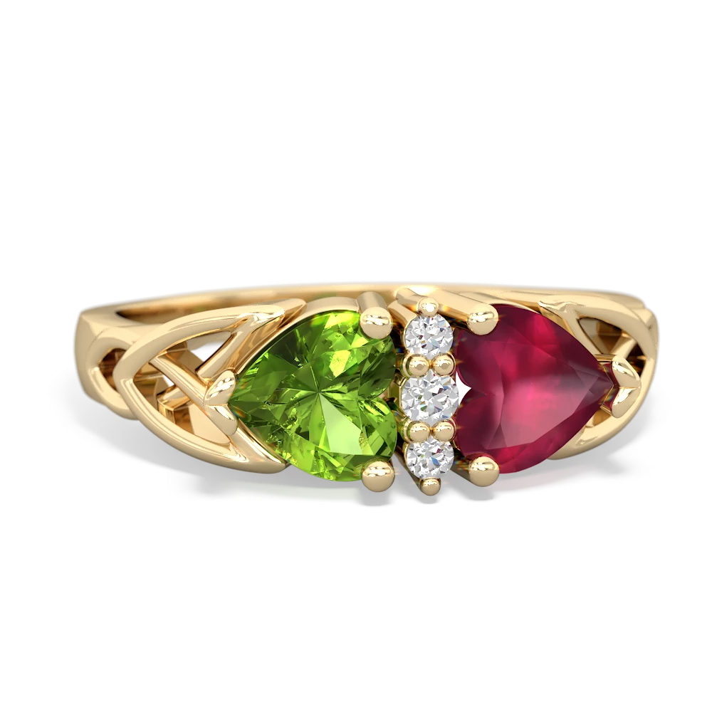 Peridot Celtic Knot Double Heart 14K Yellow Gold ring R5040