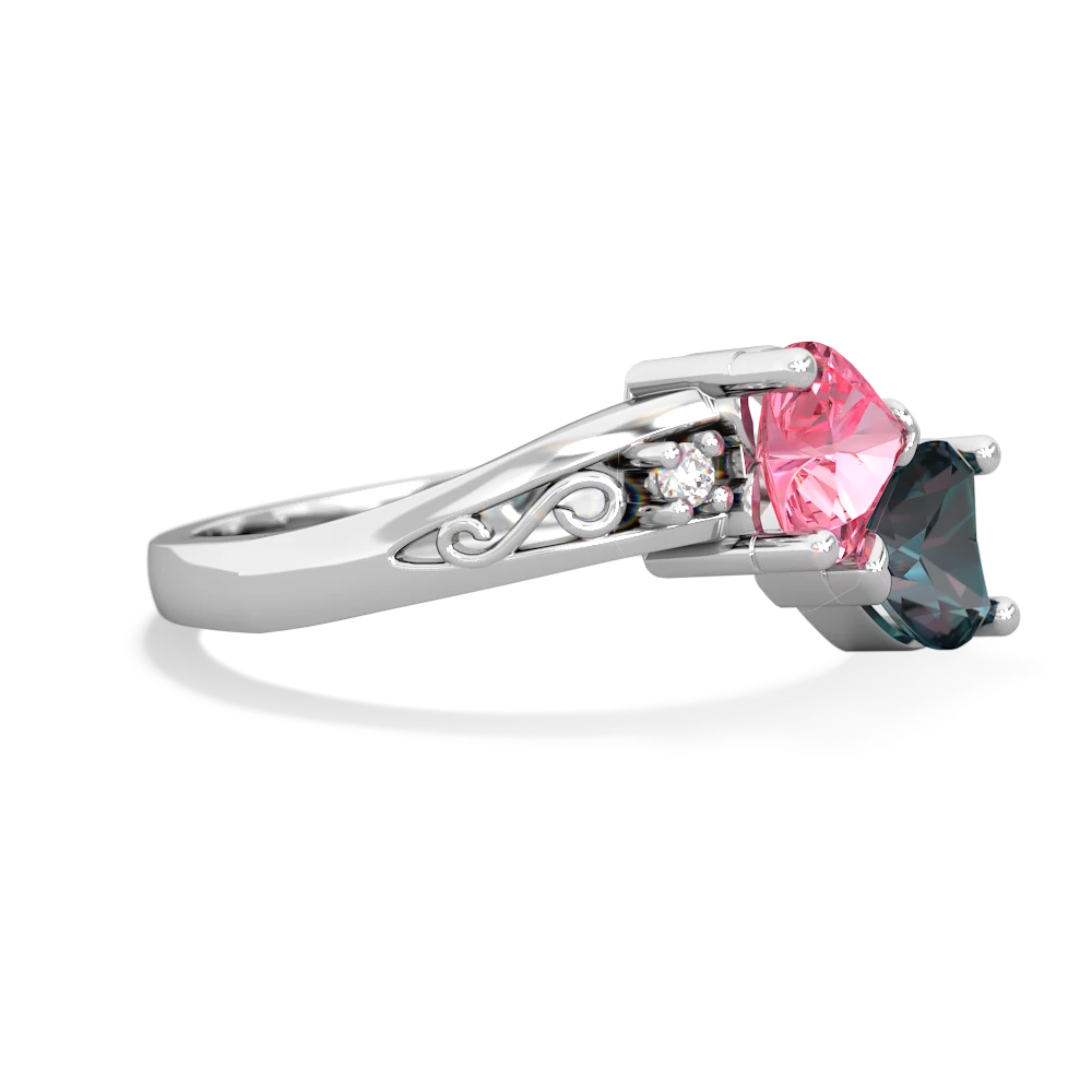 Lab Pink Sapphire Snuggling Hearts 14K White Gold ring R2178