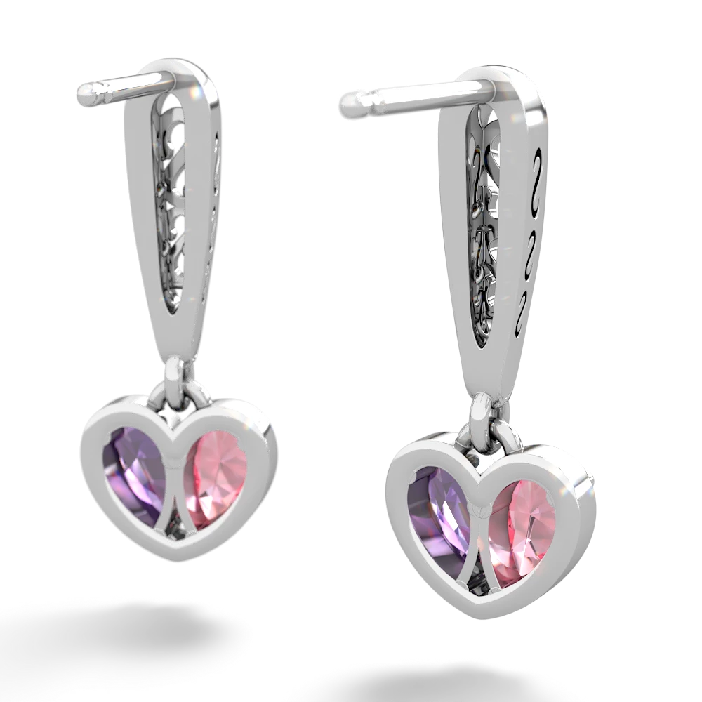Lab Pink Sapphire Filligree Heart 14K White Gold earrings E5070
