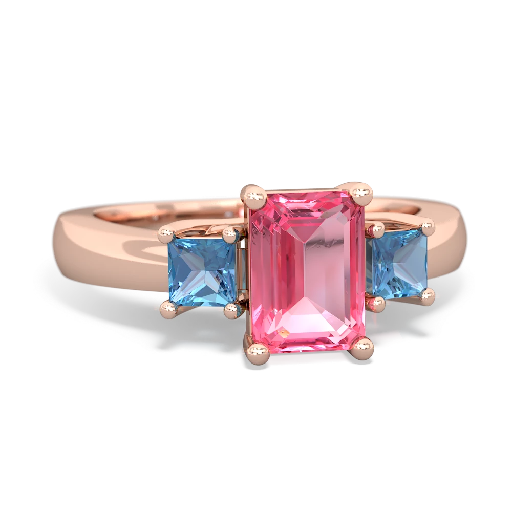 Lab Pink Sapphire Three Stone Emerald-Cut Trellis 14K Rose Gold ring R4021