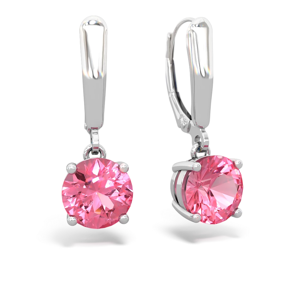 Lab Pink Sapphire 8Mm Round Lever Back 14K White Gold earrings E2788