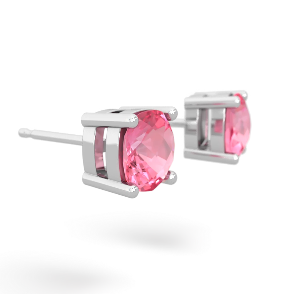 Lab Pink Sapphire 6Mm Checkerboard Cushion Stud 14K White Gold earrings E1796