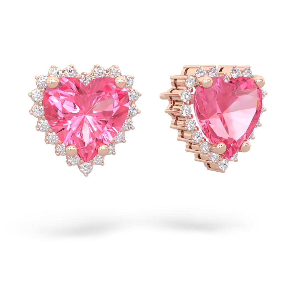 Lab Pink Sapphire Sparkling Halo Heart 14K Rose Gold earrings E0391