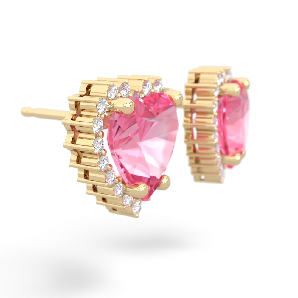 Lab Pink Sapphire Sparkling Halo Heart 14K Yellow Gold earrings E0391