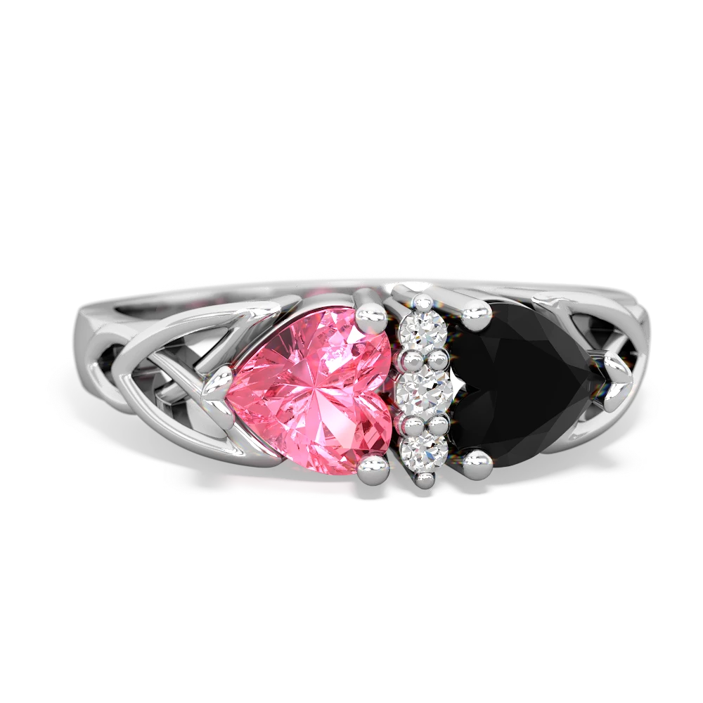 Lab Pink Sapphire Celtic Knot Double Heart 14K White Gold ring R5040