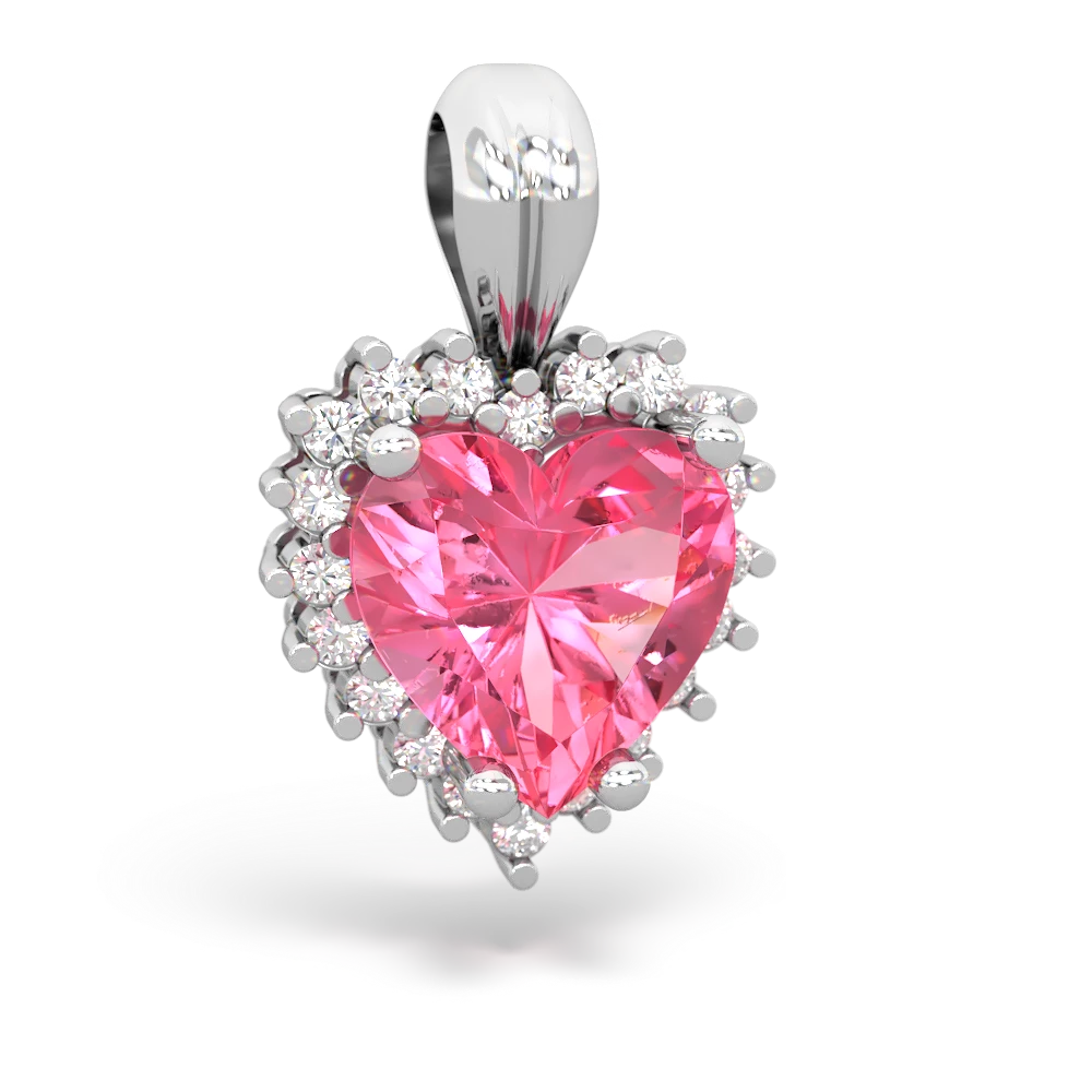Lab Pink Sapphire Sparkling Halo Heart 14K White Gold pendant P0391