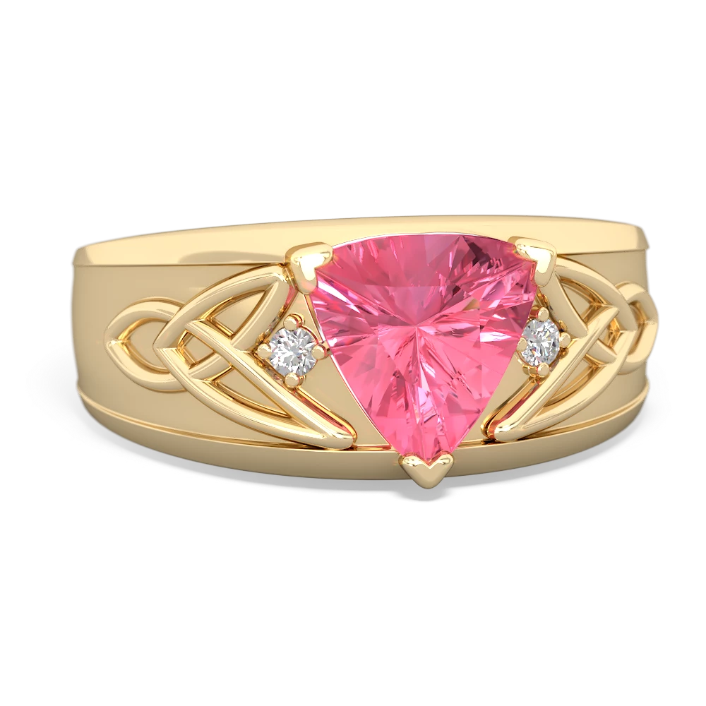 Lab Pink Sapphire Celtic Trinity Knot Men's 14K Yellow Gold ring R0440