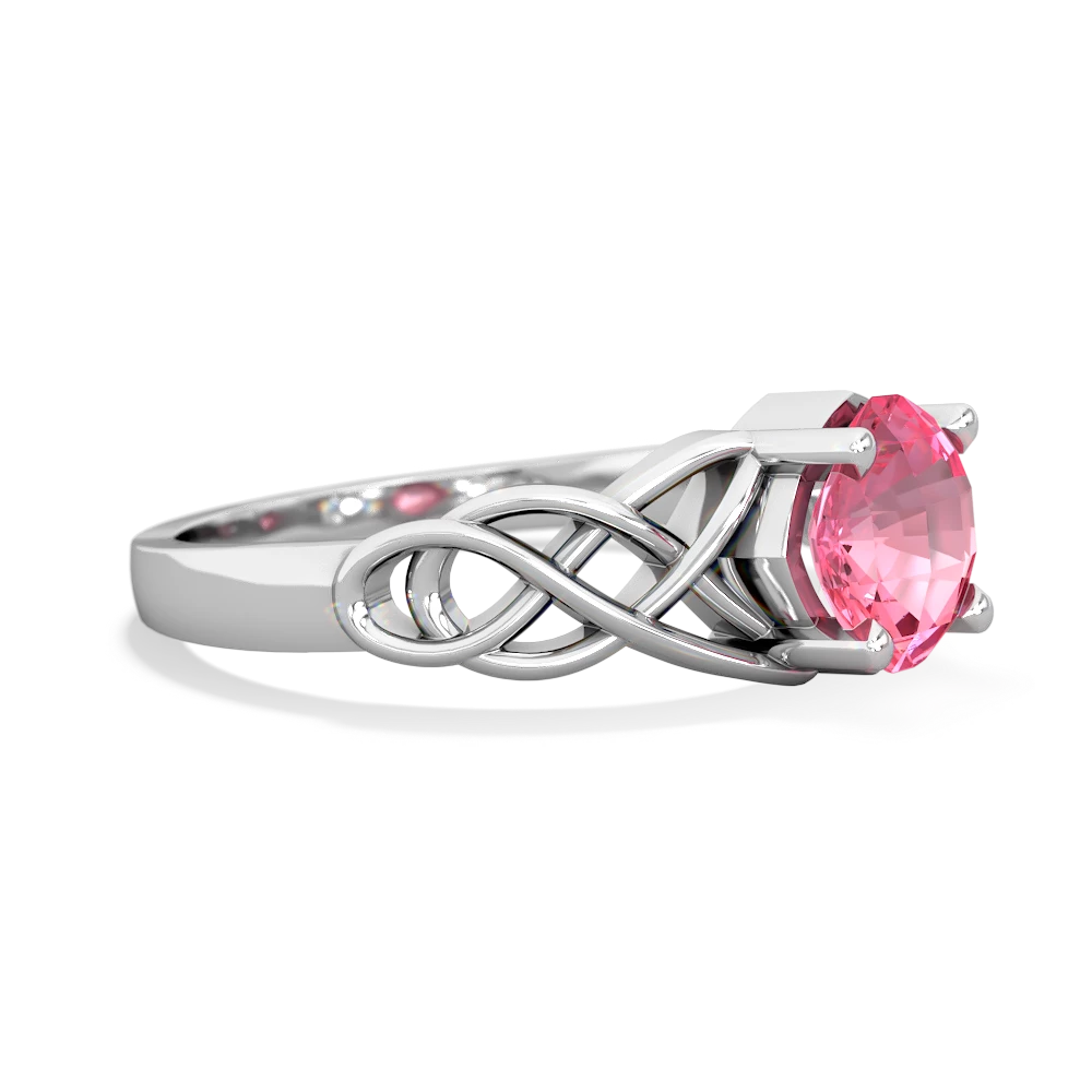 Lab Pink Sapphire Checkerboard Cushion Celtic Knot 14K White Gold ring R5000