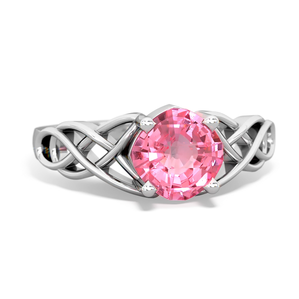 Lab Pink Sapphire Checkerboard Cushion Celtic Knot 14K White Gold ring R5000