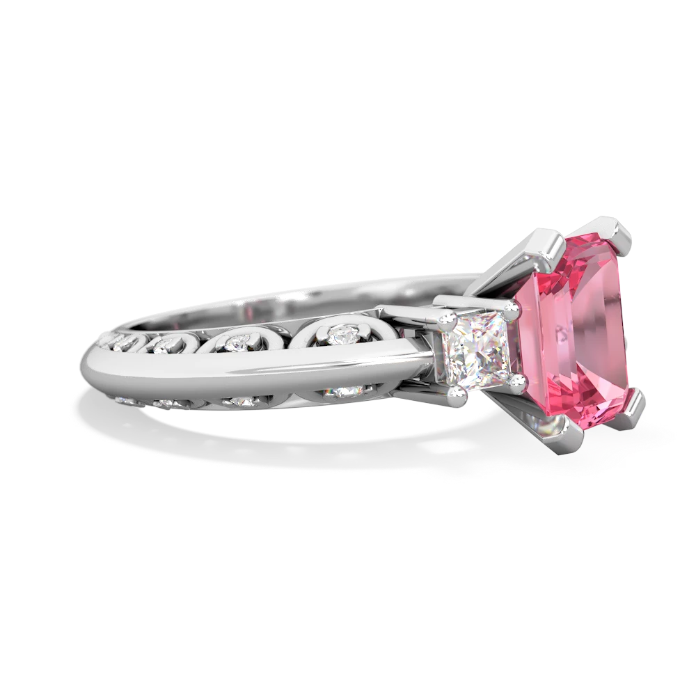 Lab Pink Sapphire Art Deco Diamond 8X6 Emerald-Cut Engagement 14K White Gold ring R20018EM