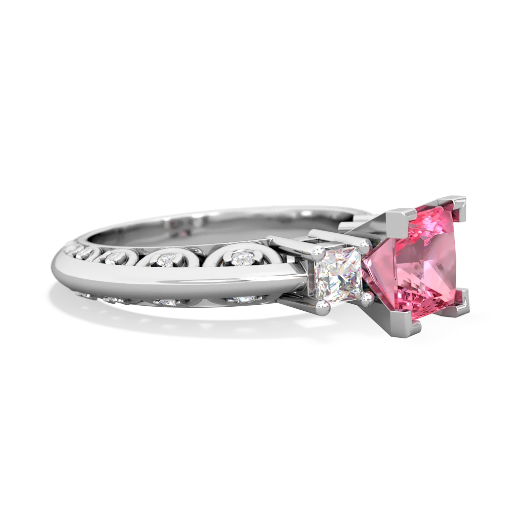 Lab Pink Sapphire Art Deco Diamond Engagement 6Mm Princess 14K White Gold ring R2001