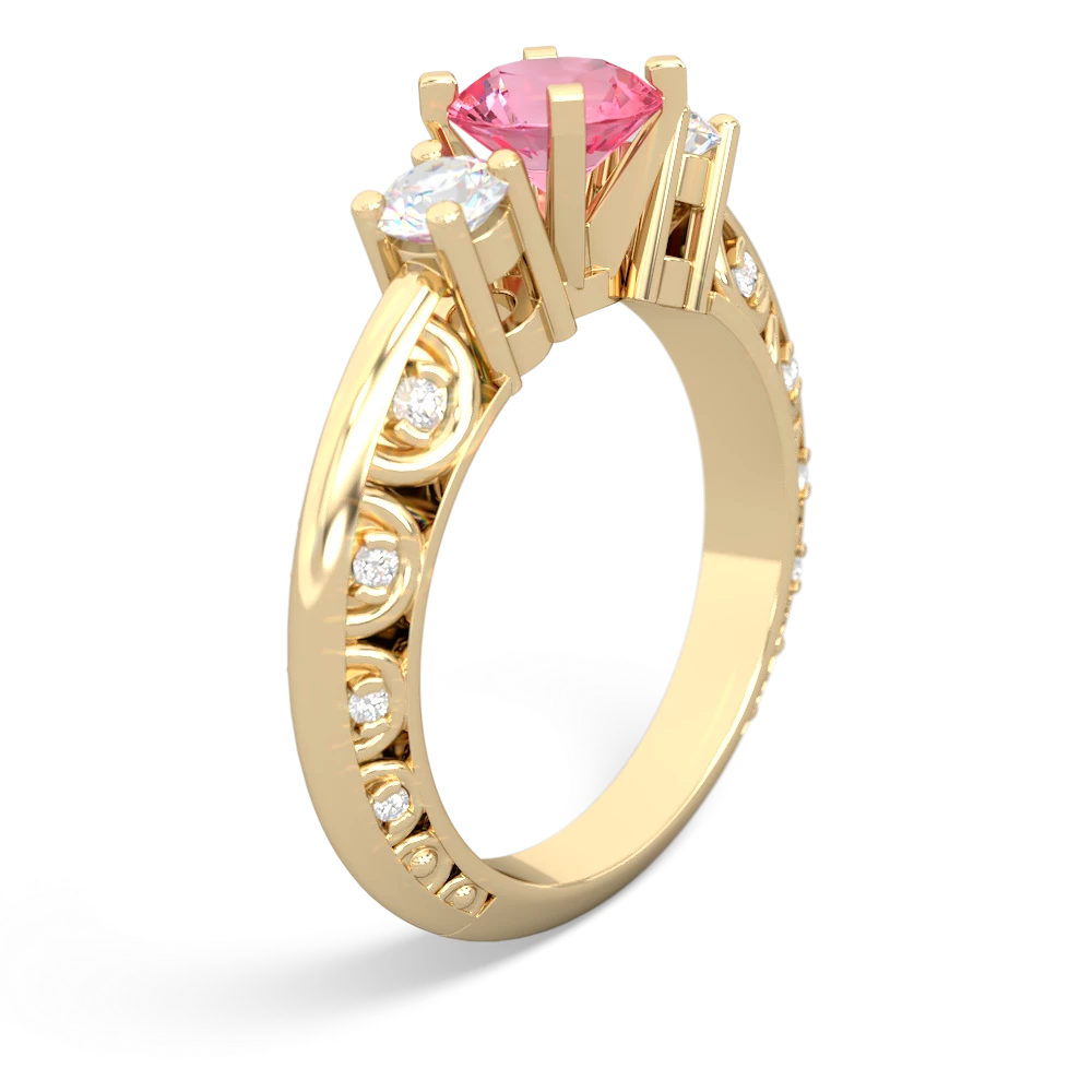 Lab Pink Sapphire Art Deco Diamond 6Mm Round Engagment 14K Yellow Gold ring R2003
