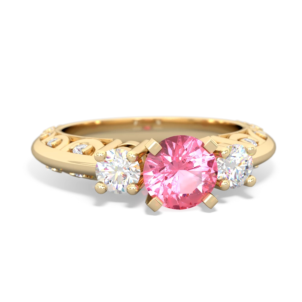 Lab Pink Sapphire Art Deco Diamond 6Mm Round Engagment 14K Yellow Gold ring R2003