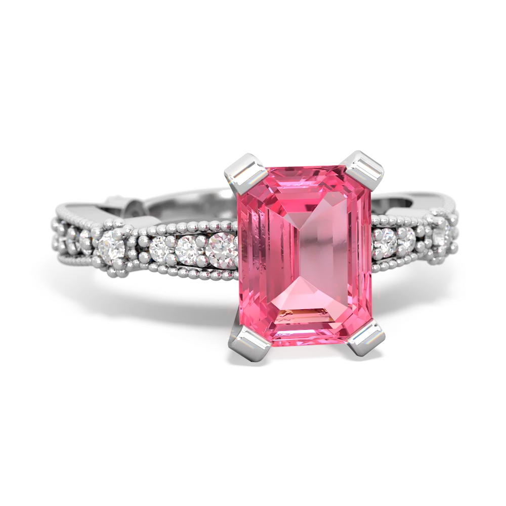 Lab Pink Sapphire Sparkling Tiara 8X6 Emerald-Cut 14K White Gold ring R26298EM