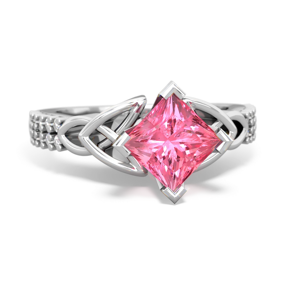 Lab Pink Sapphire Celtic Knot 6Mm Princess Engagement 14K White Gold ring R26446SQ
