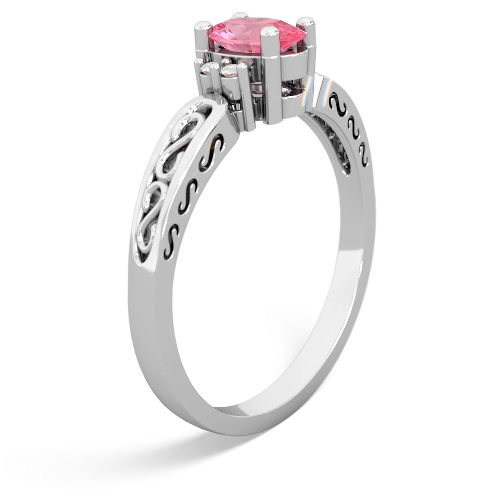 Lab Pink Sapphire Filligree Scroll Oval 14K White Gold ring R0812