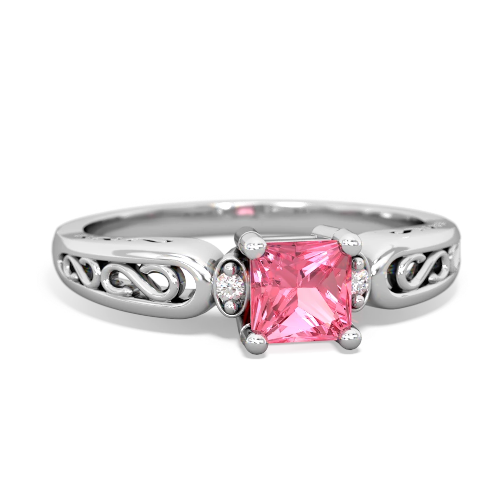 Lab Pink Sapphire Filligree Scroll Square 14K White Gold ring R2430