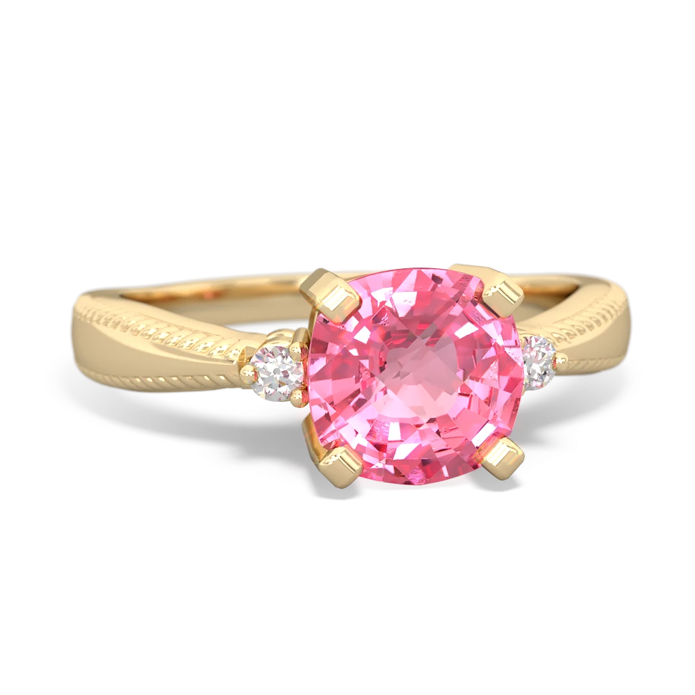 Lab Pink Sapphire Cushion Rope 14K Yellow Gold ring R2484