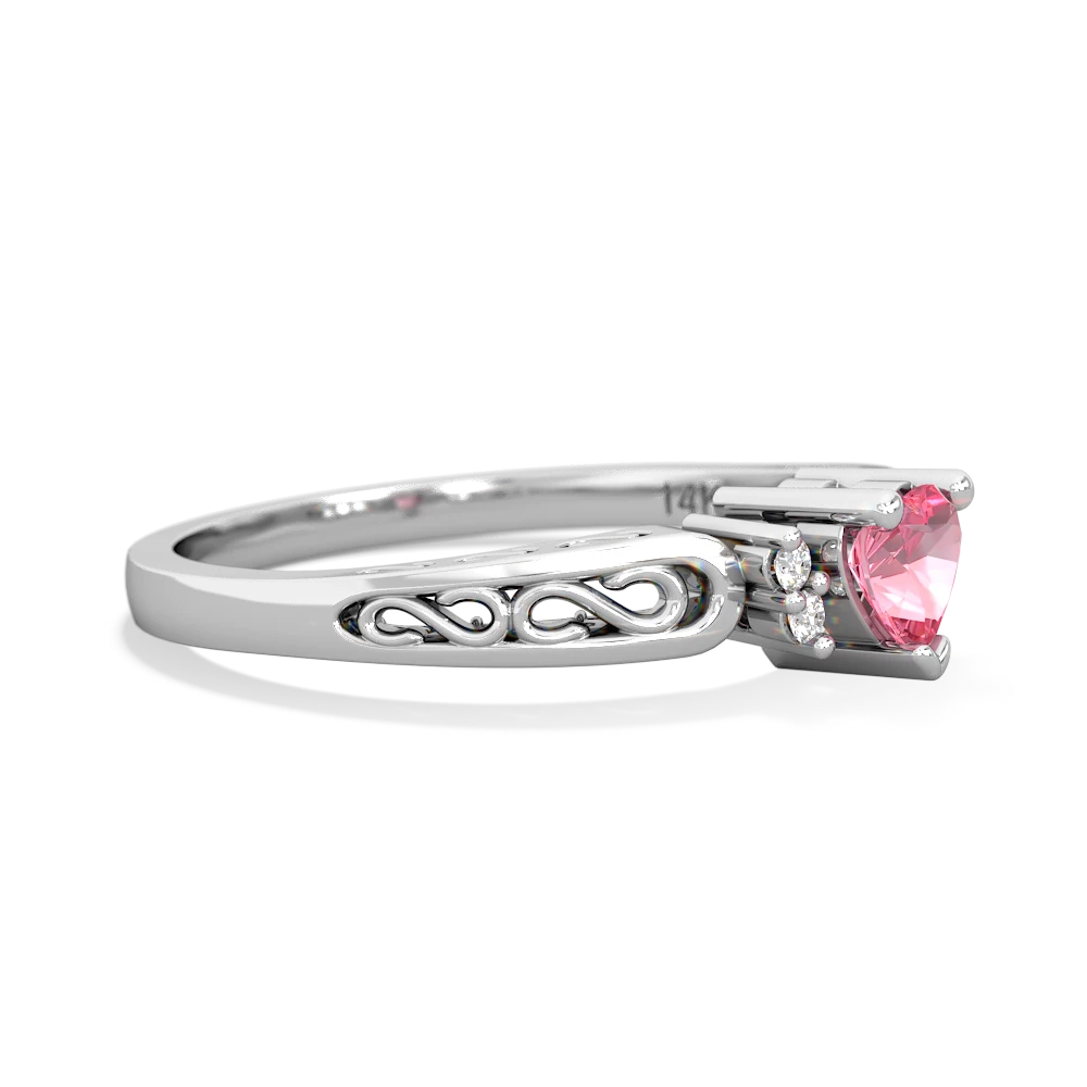 Lab Pink Sapphire Filligree Scroll Heart 14K White Gold ring R2429
