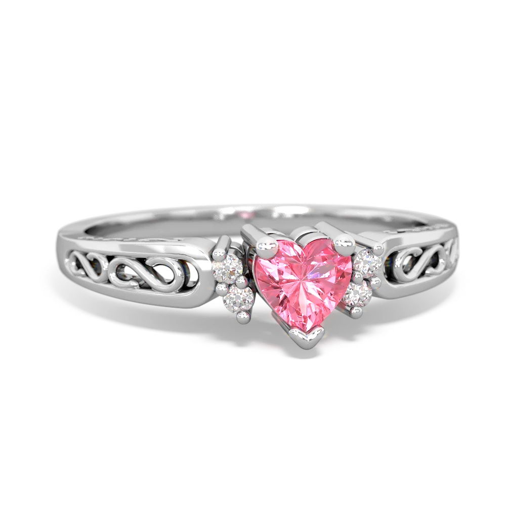 Lab Pink Sapphire Filligree Scroll Heart 14K White Gold ring R2429