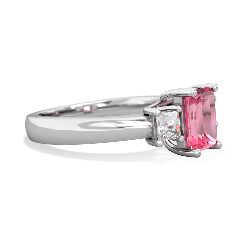 Lab Pink Sapphire Diamond Three Stone Emerald-Cut Trellis 14K White Gold ring R4021