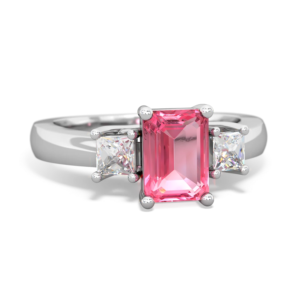 Lab Pink Sapphire Diamond Three Stone Emerald-Cut Trellis 14K White Gold ring R4021