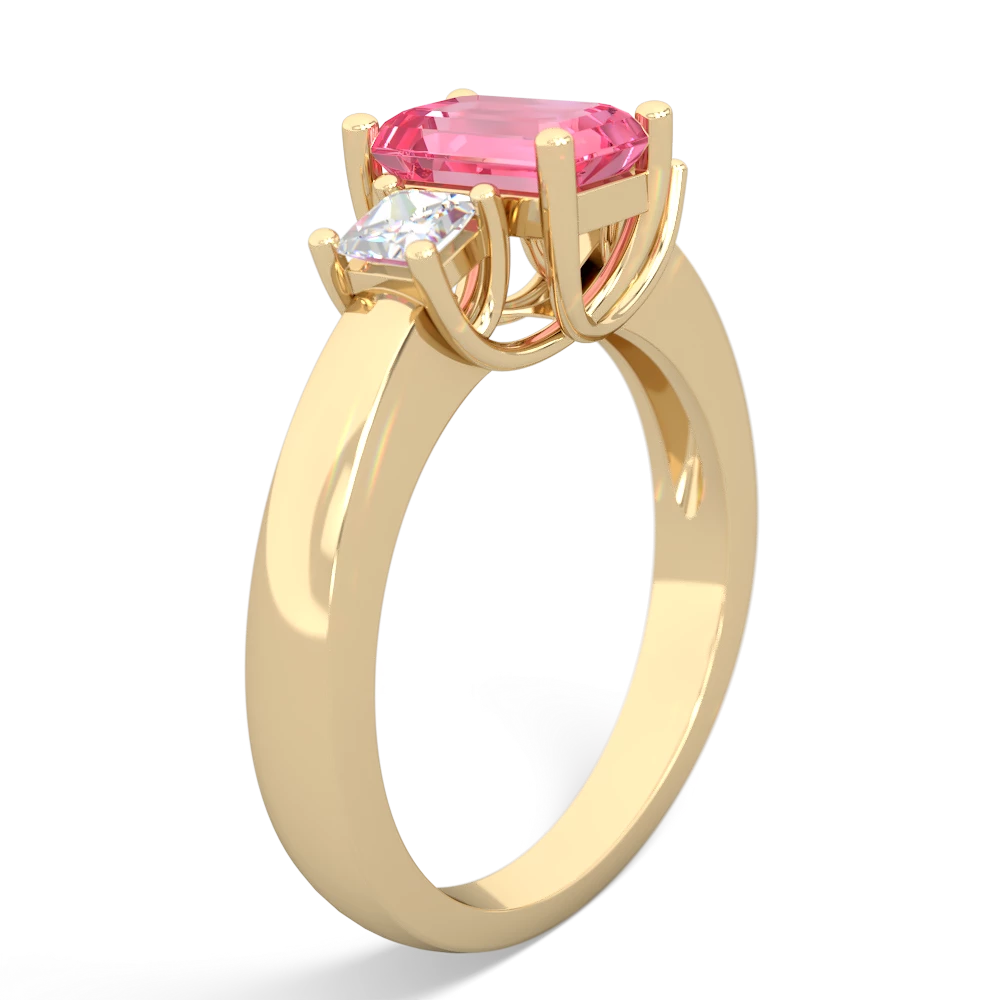 Lab Pink Sapphire Diamond Three Stone Emerald-Cut Trellis 14K Yellow Gold ring R4021
