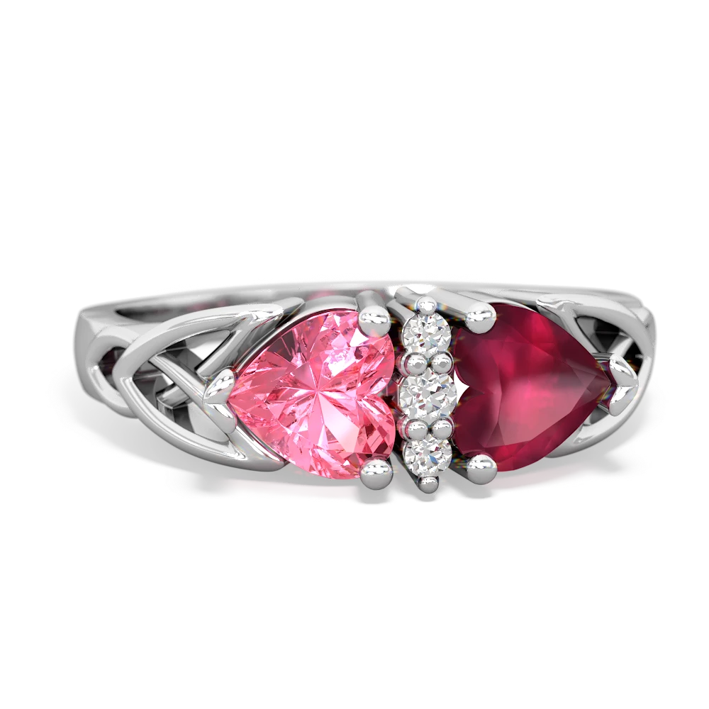 Lab Pink Sapphire Celtic Knot Double Heart 14K White Gold ring R5040