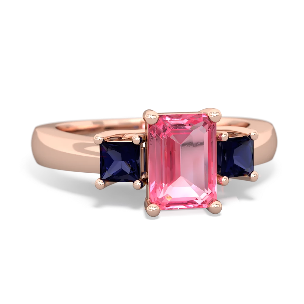 Lab Pink Sapphire Three Stone Emerald-Cut Trellis 14K Rose Gold ring R4021