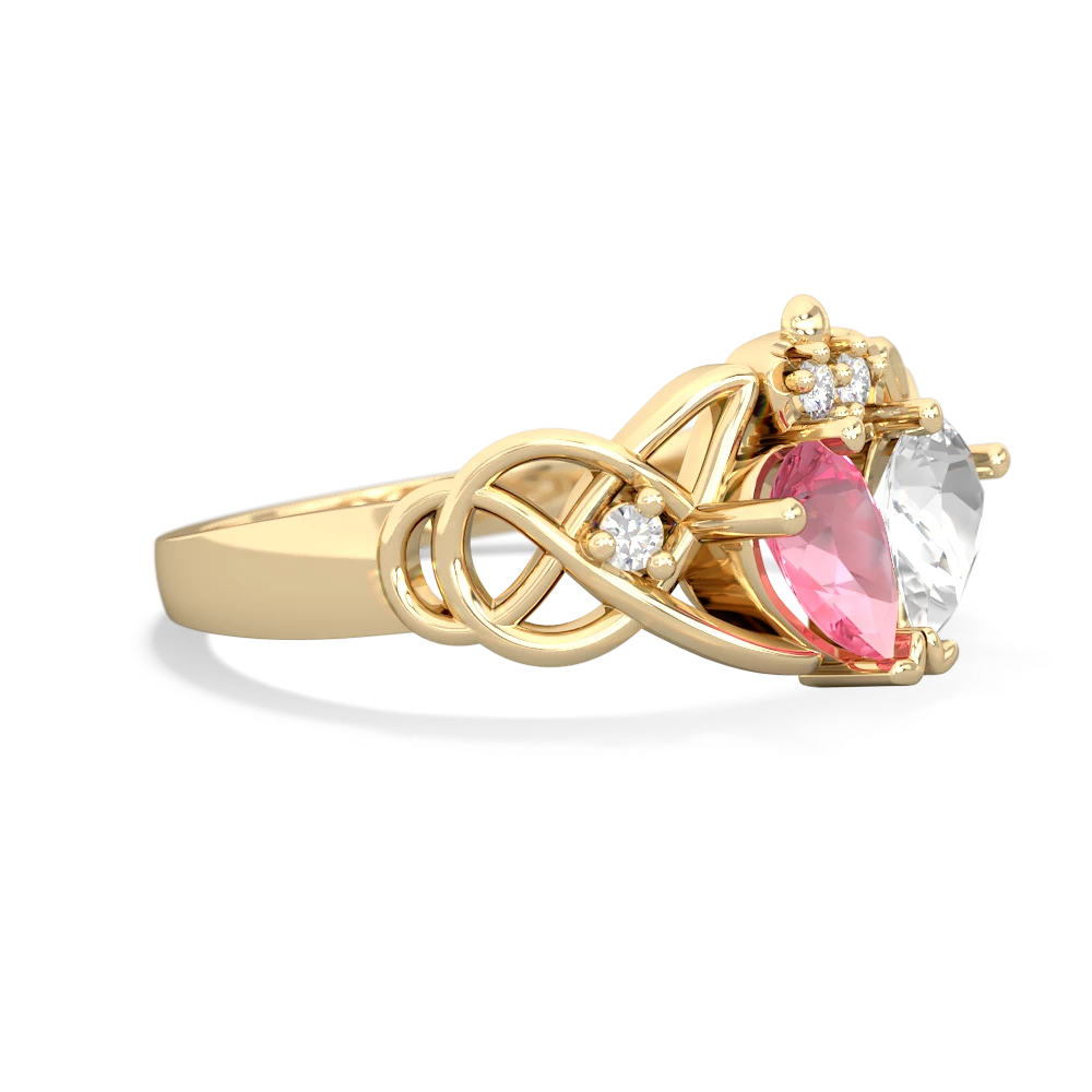 Lab Pink Sapphire 'One Heart' Celtic Knot Claddagh 14K Yellow Gold ring R5322
