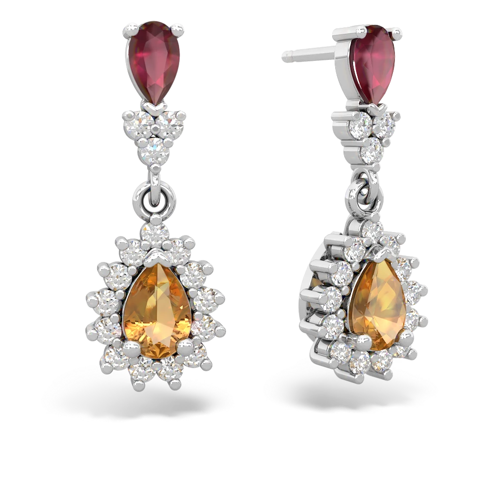 Ruby Halo Pear Dangle 14K White Gold earrings E1882
