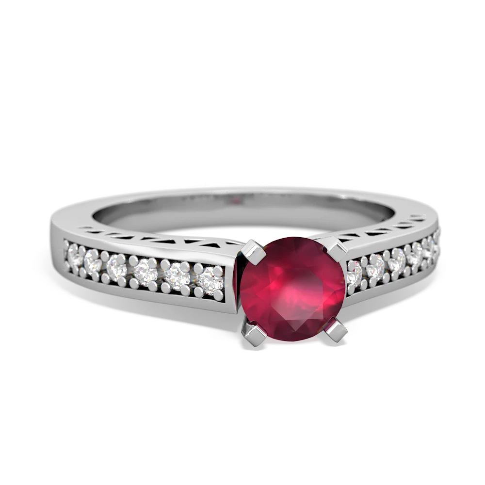 Ruby Art Deco Engagement 5Mm Round 14K White Gold ring R26355RD